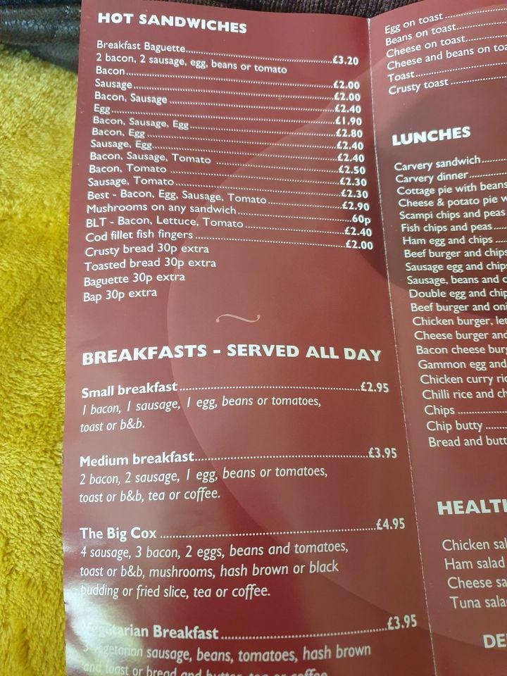 Menu at Cox's cafe, Bilston, Bilston