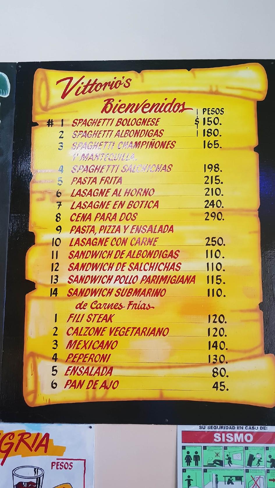 Menu at Vittorio's restaurant, Tijuana, C. de la Nieve 203