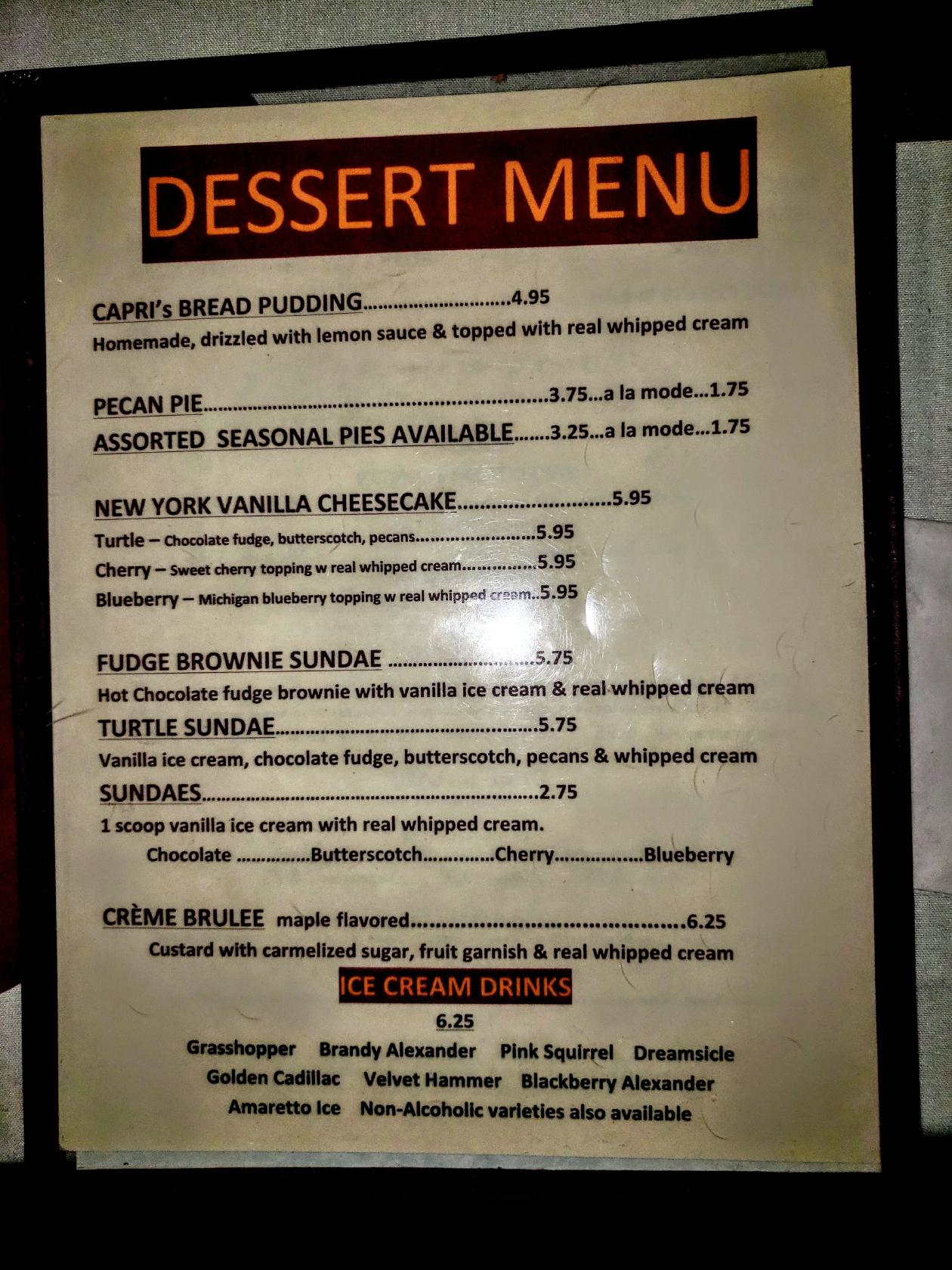 Menu at Capri Steak House steakhouse, Columbus