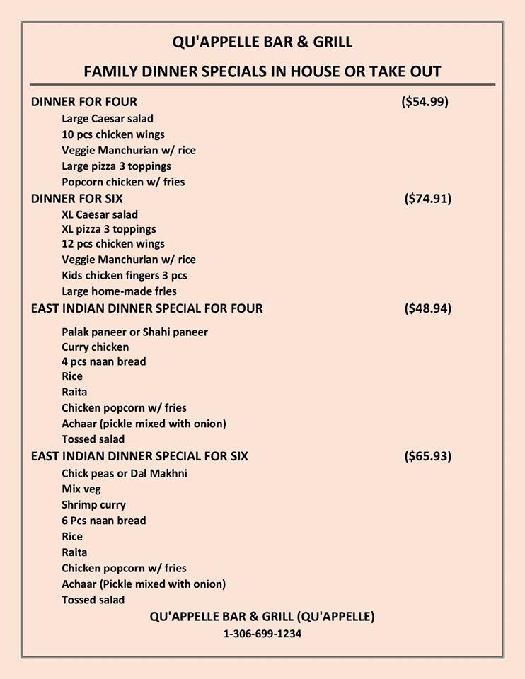 Menu at Qu'Appelle Bar & Grill (Family Restaurant), Qu'Appelle
