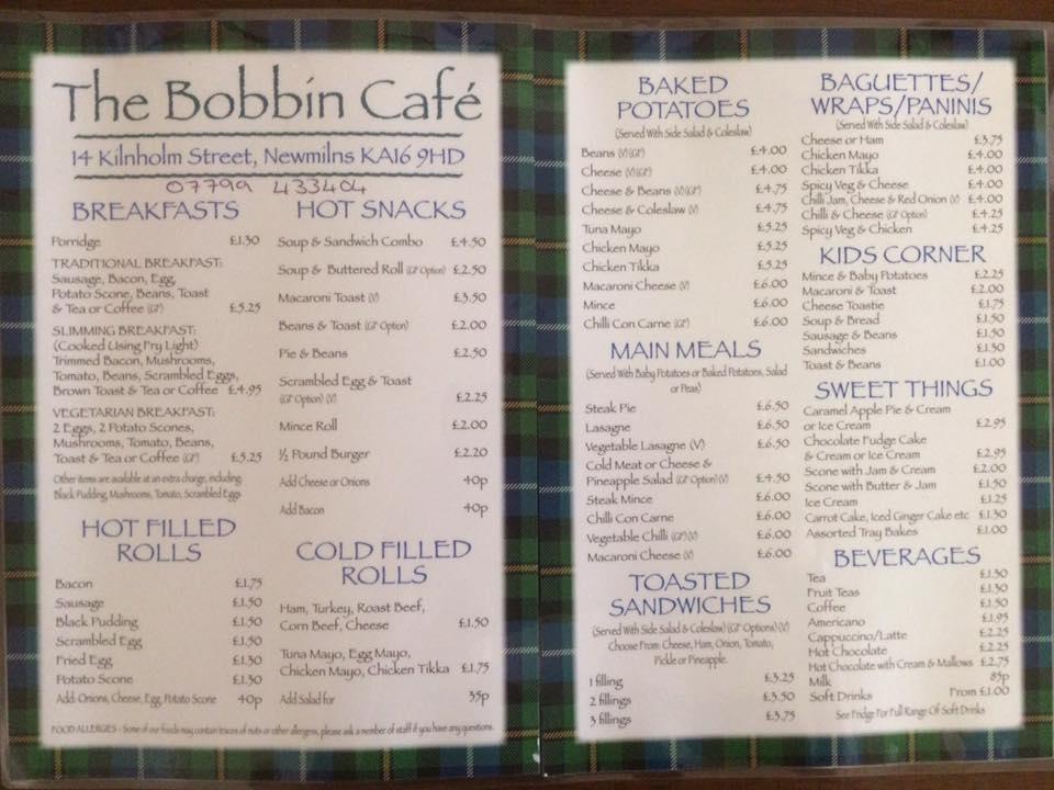 Menu at Bobbin Cafe, Newmilns
