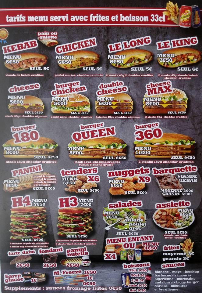 Menu at Queen Burger kebab restaurant, Bouguenais