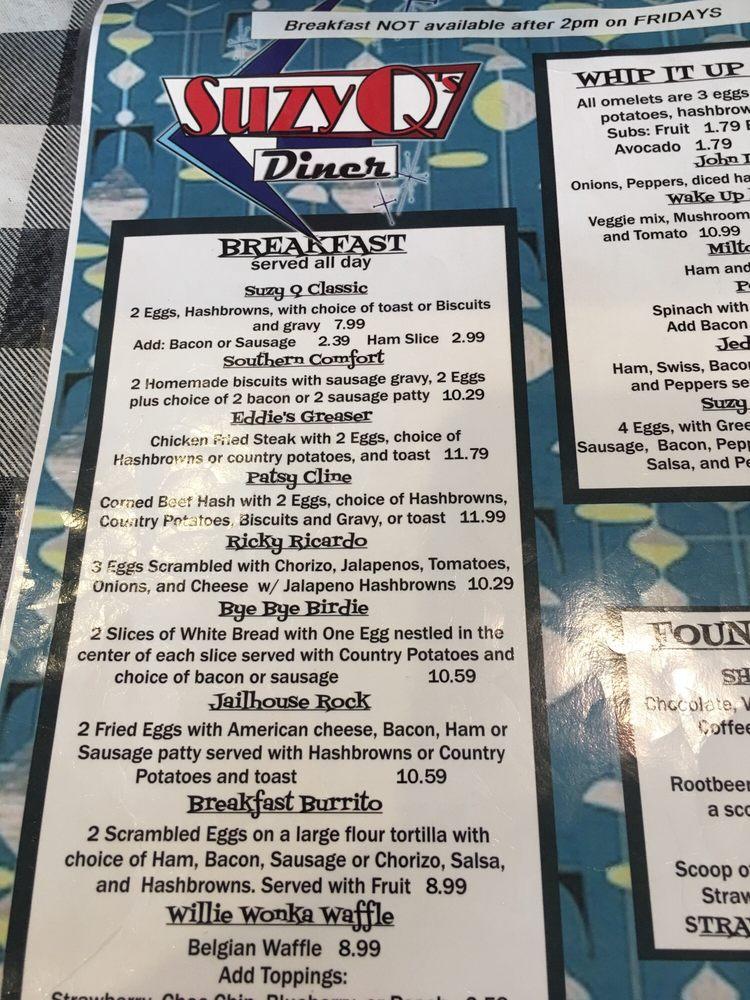 Menu at Suzy Q's Diner cafe, Escondido