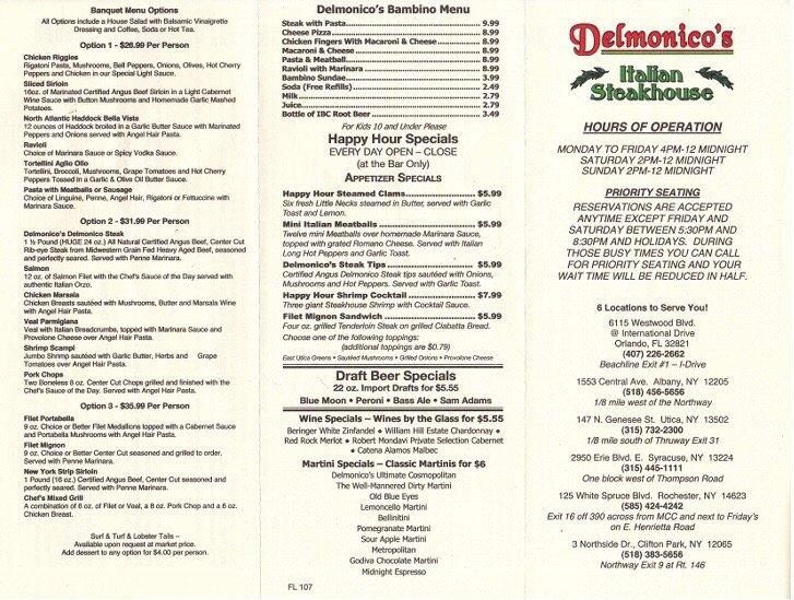 Menu at Delmonico's Italian Steakhouse, Orlando