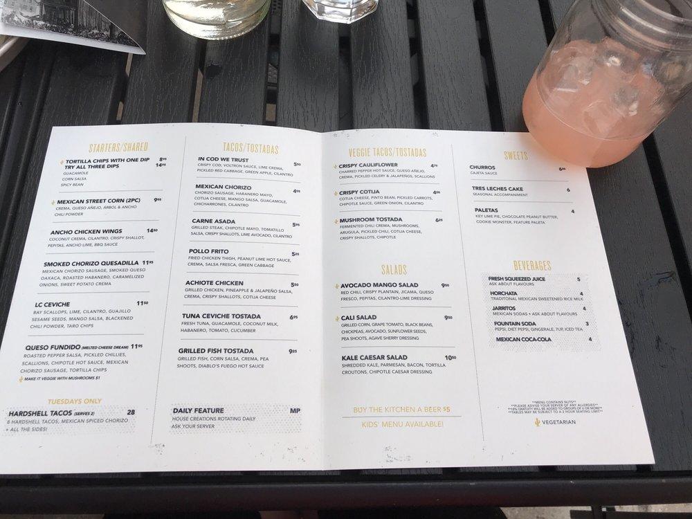 Menu at La Carnita restaurant, Winnipeg