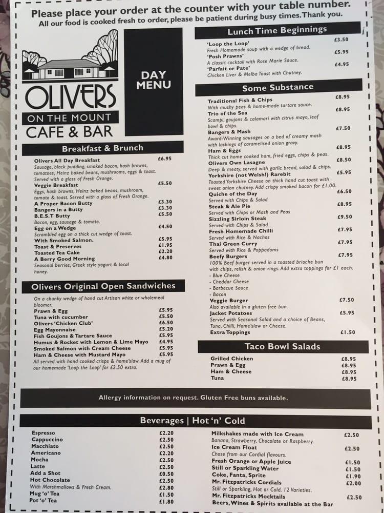 Menu at Olivers on the Mount cafe, Scarborough, Oliver_s Mount