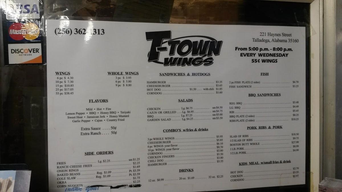 Menu at T Town Wings restaurant, Talladega, 221 Haynes St