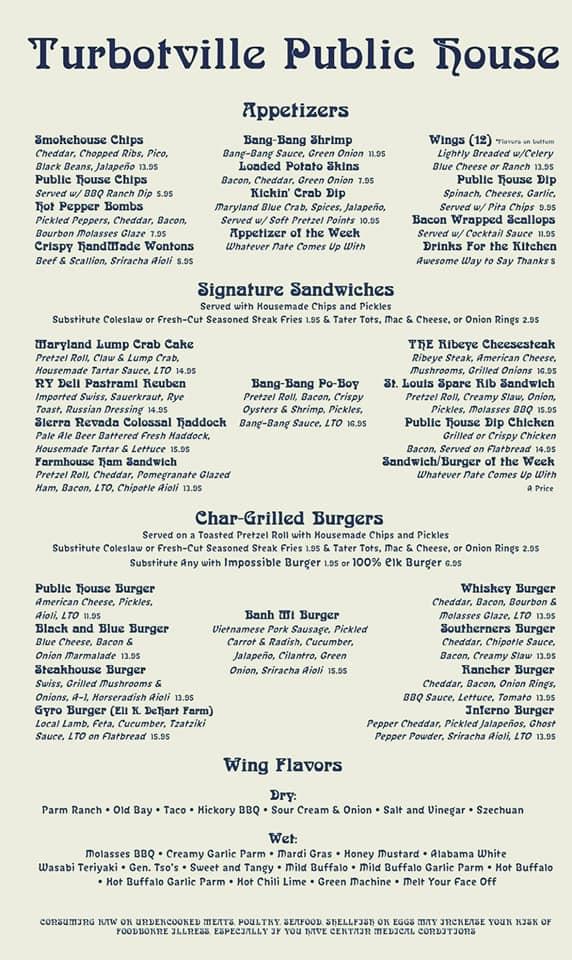 Menu at Turbotville Public House, Turbotville