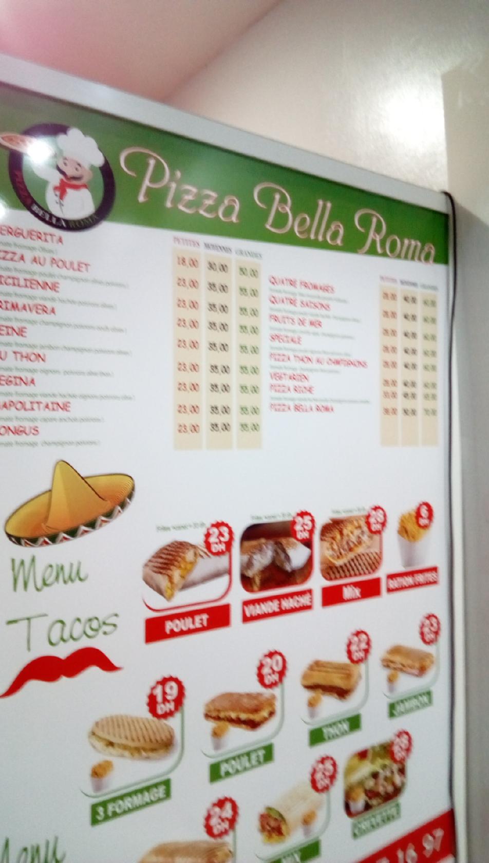 Menu at Pizza Bella Roma restaurant, Rabat