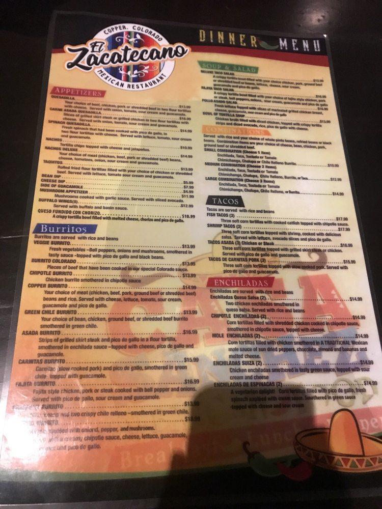 Menu at El Zacatecano Mexican Restaurant, Copper Mountain