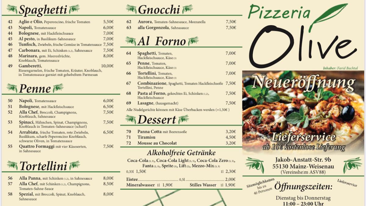 Speisekarte von Pizzeria Olive Mainz Weisenau, Mainz