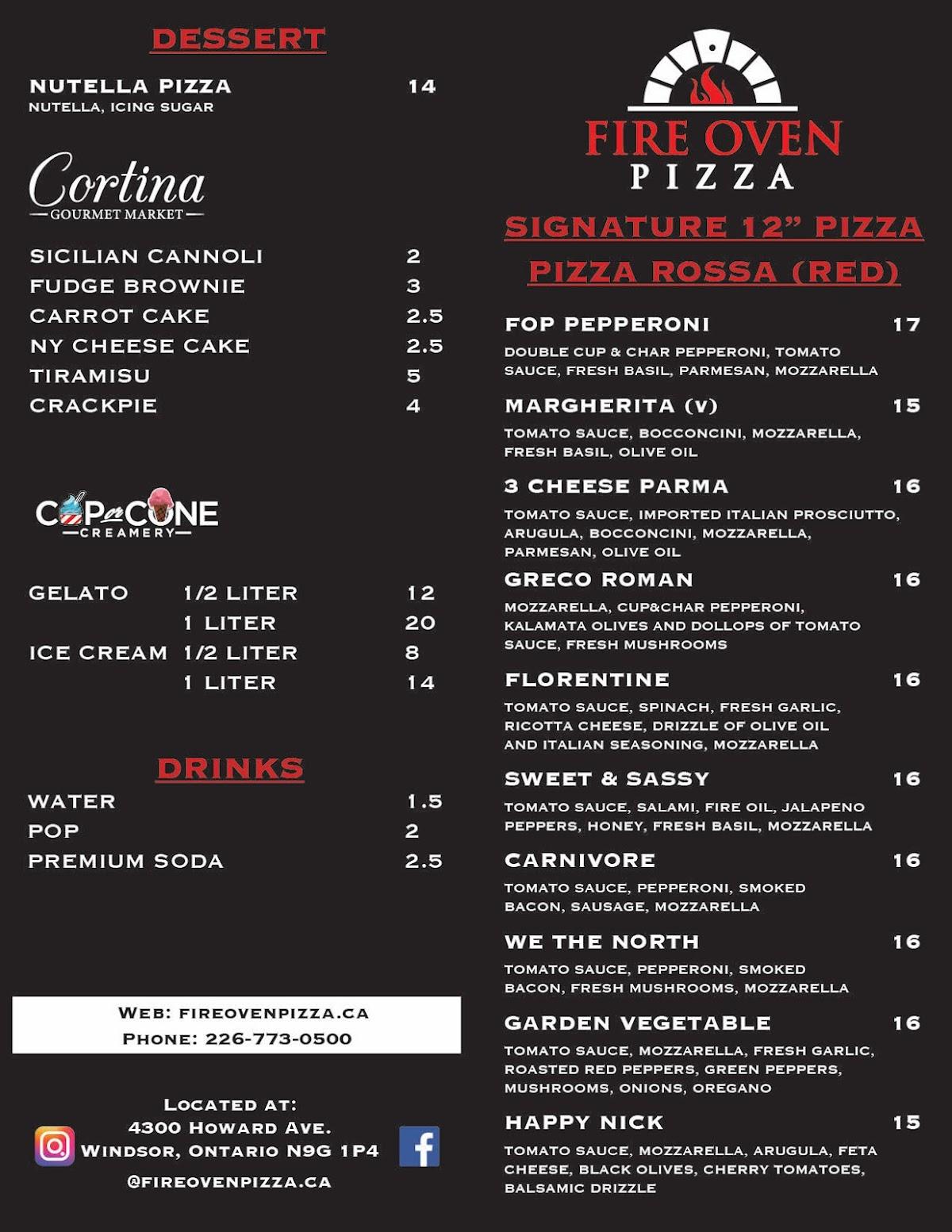 Menu at Fire Oven Pizza restaurant, Windsor