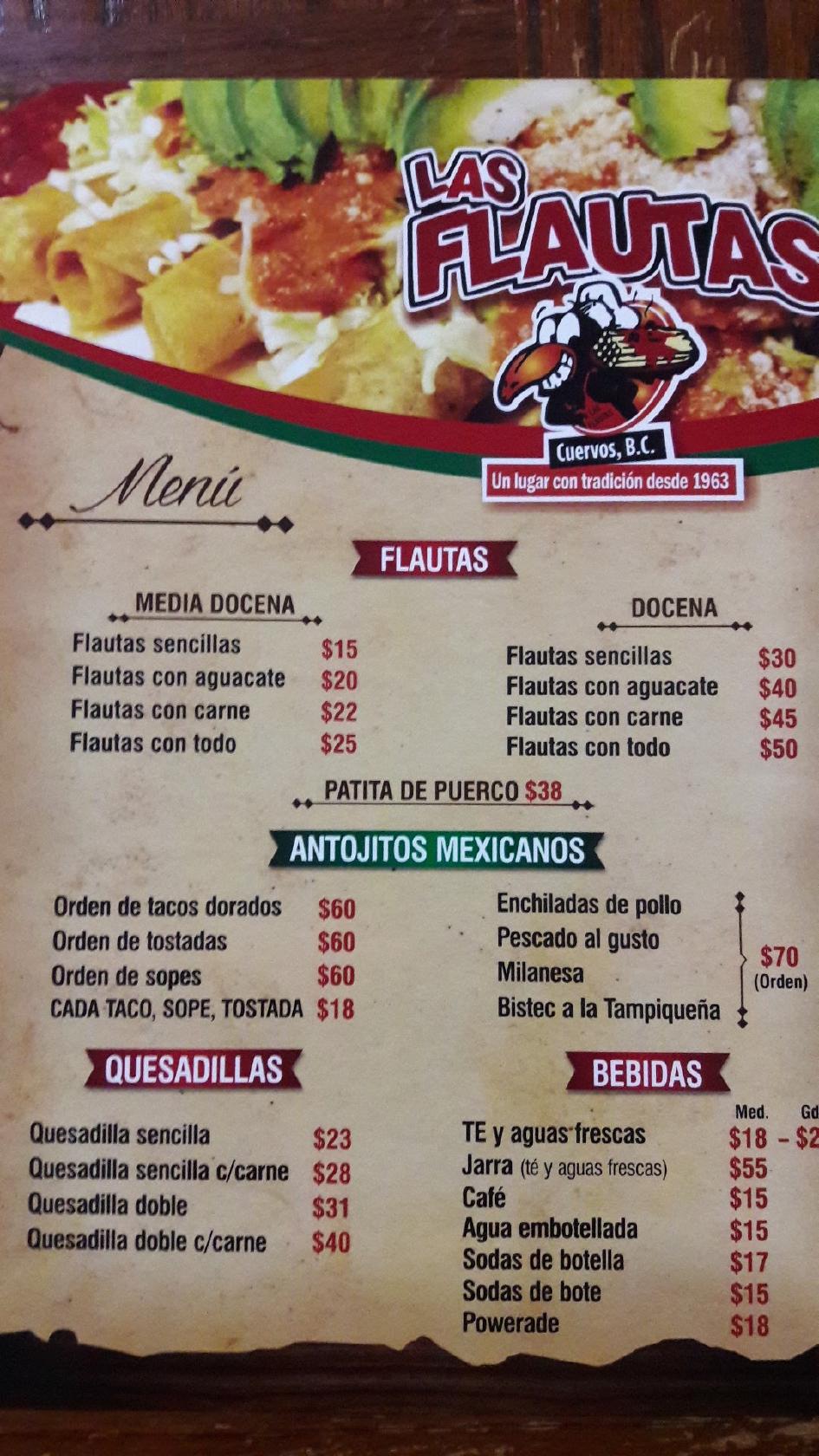 Menu at Flautas Cuervos restaurant, Ciudad Morelos