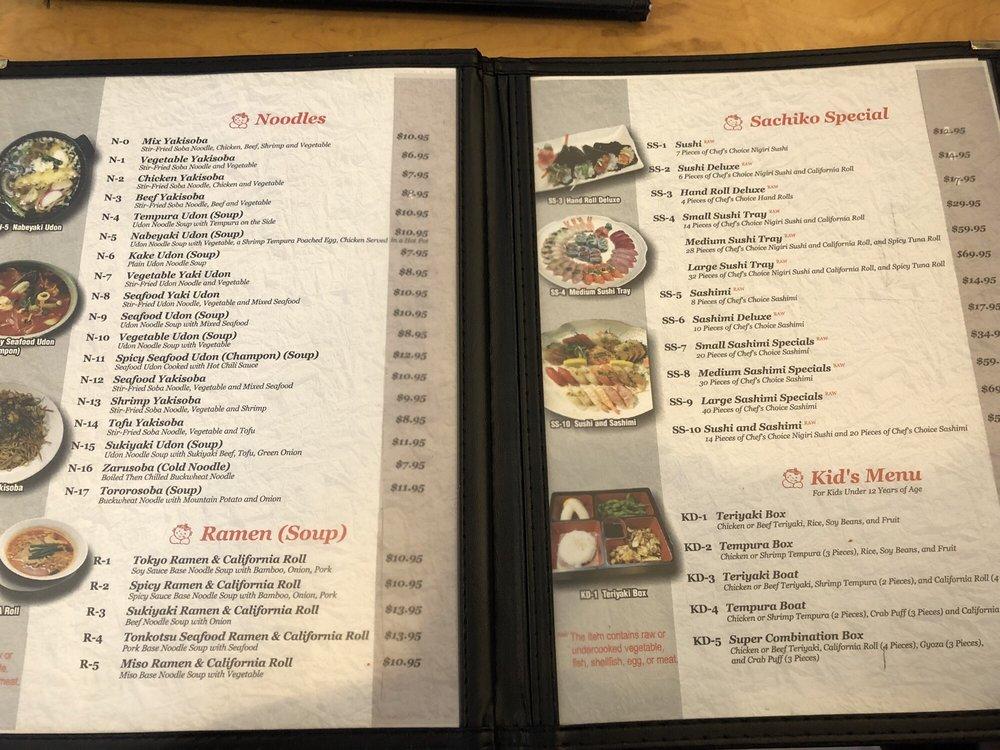 Menu at Sachiko Sushi restaurant, Tucson, E Valencia Rd