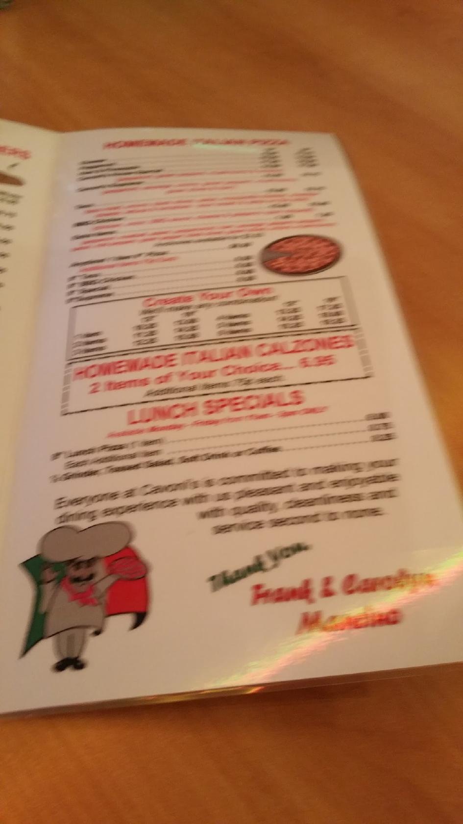 Menu at Cavoni's Pizza & Grinders pizzeria, Hillsdale