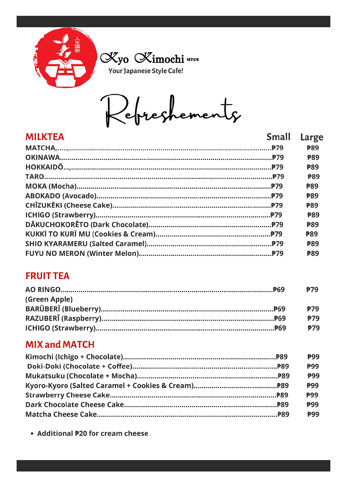 Menu at Kyo Kimochi Milk Tea Coffee and Snacks cafe, Antipolo