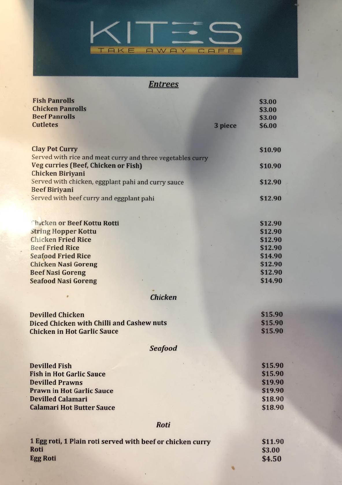 Menu at Kites restaurant, Clayton South