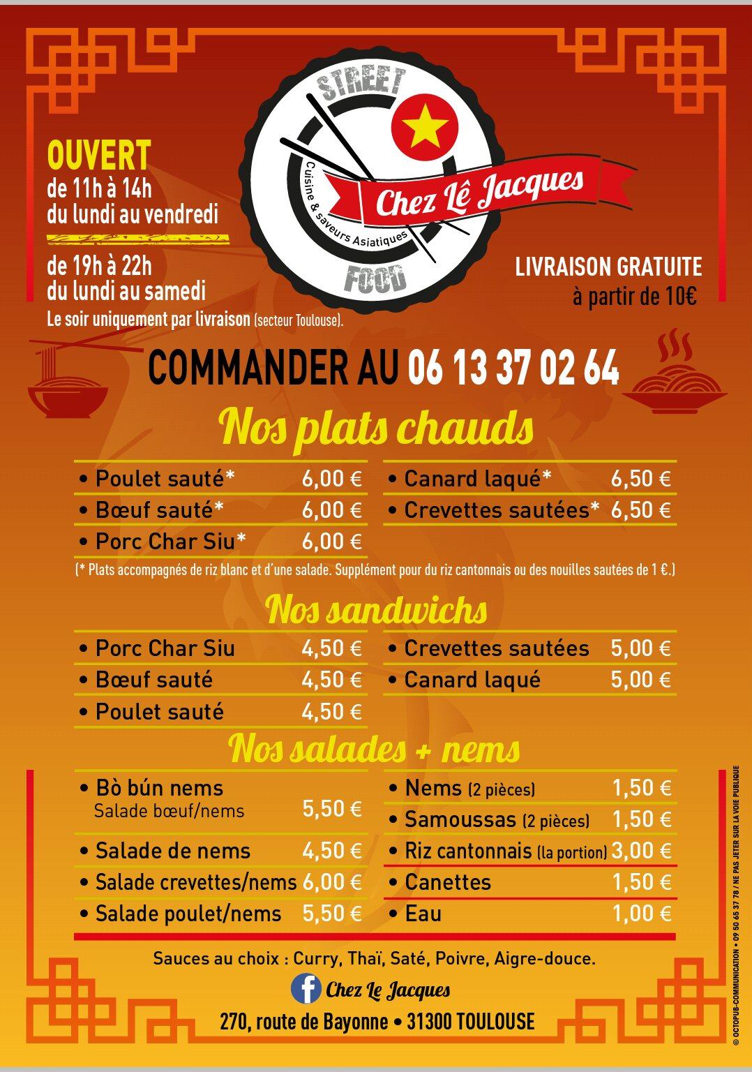 Menu at Chez LÊ JacquesStreet Food Vietnamien restaurant, Toulouse