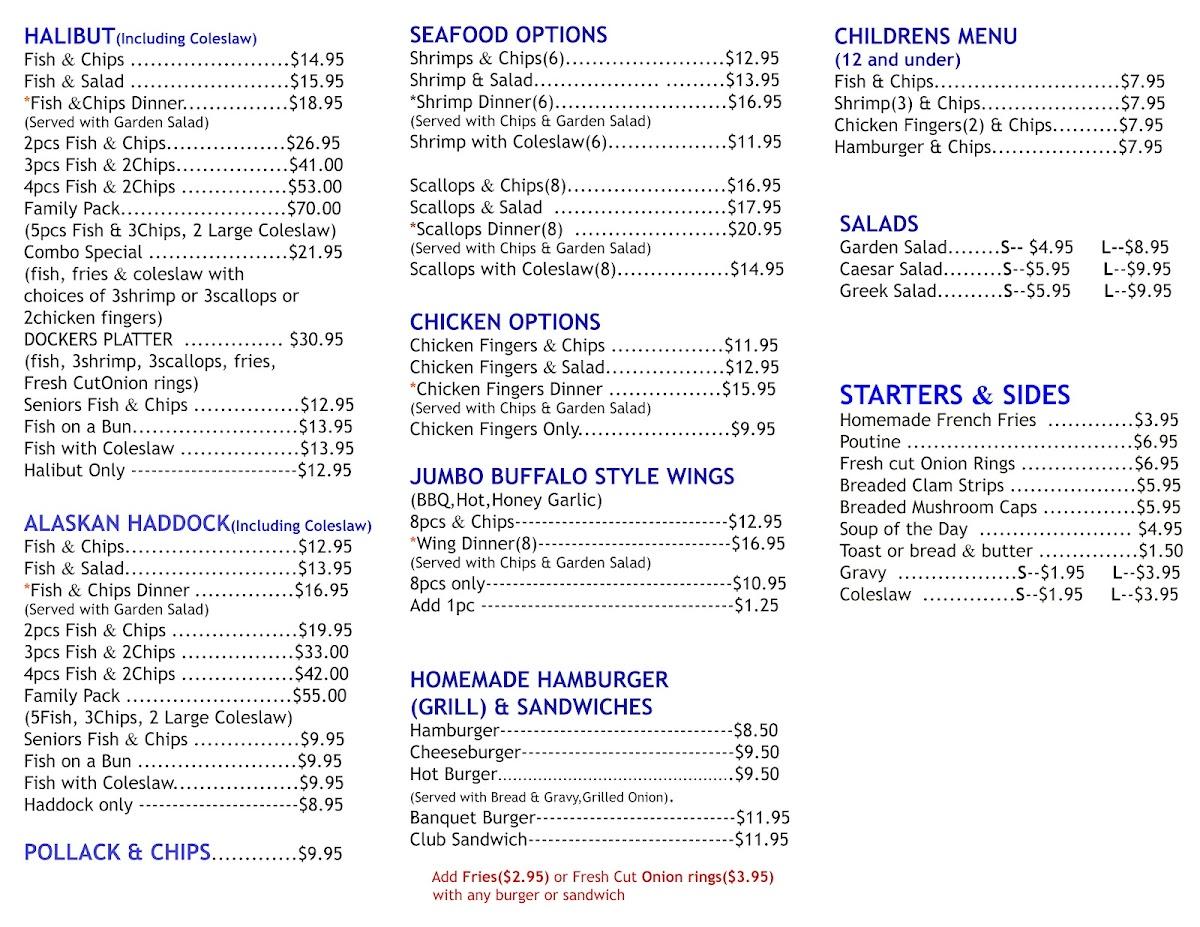 Menu at Docker's Fish & Chip & Breakfast restaurant, Peterborough