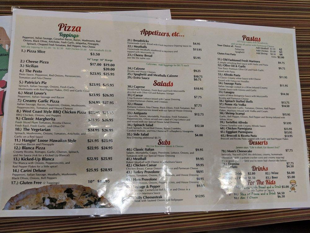 Menu at A Carini's Pizza & Pasta pizzeria, Murrieta, Madison Ave 105