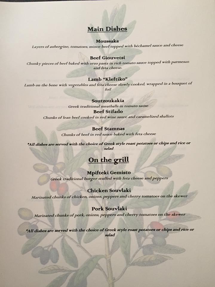 Menu at Greek Olive restaurant, Swindon