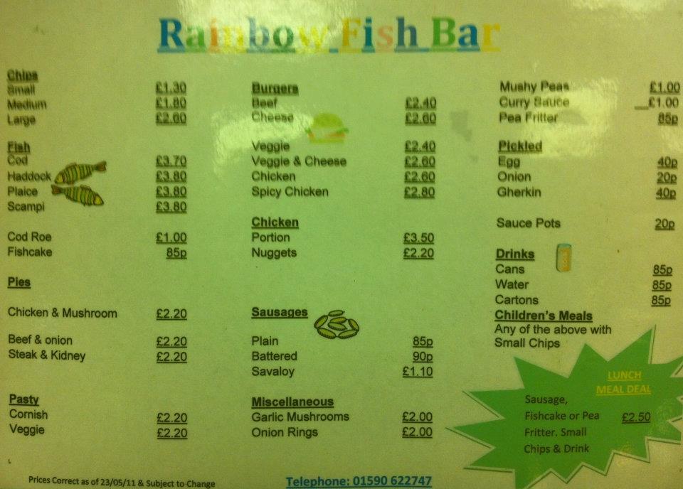 Menu at Rainbow Fish Bar, Brockenhurst