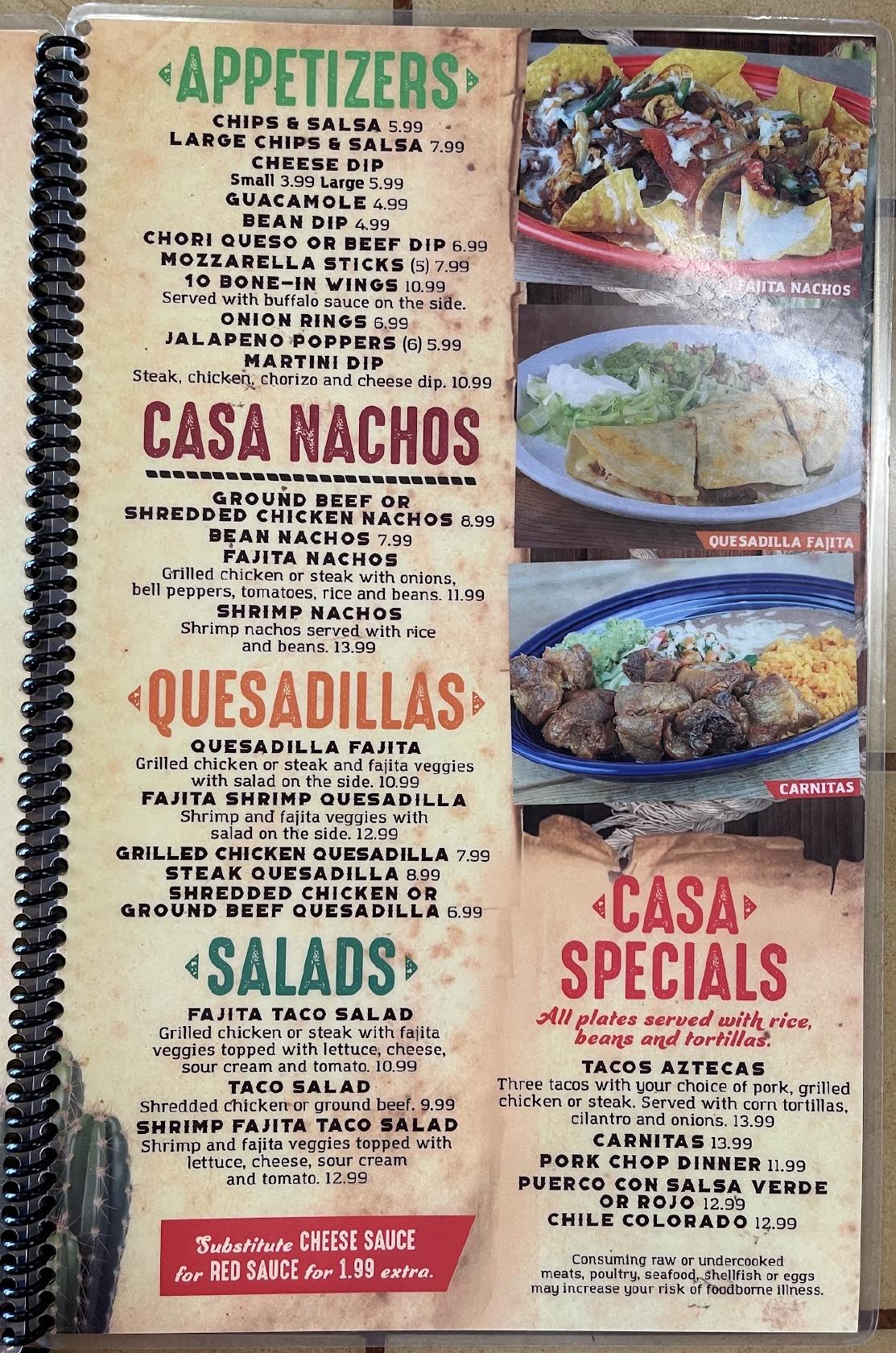Menu at Casa Martini restaurant, Dry Ridge