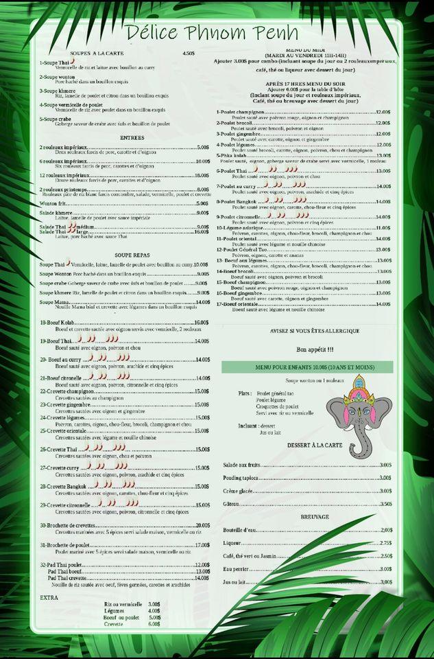 Menu au Délice Phnom Penh restaurant, RivièreduLoup, 185 Rue Lafontaine