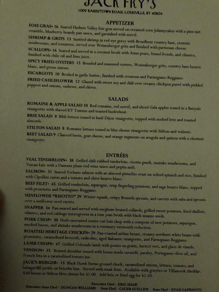 Menu at Jack Fry's restaurant, Louisville