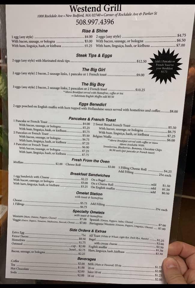 Menu at West End Grill restaurant, New Bedford