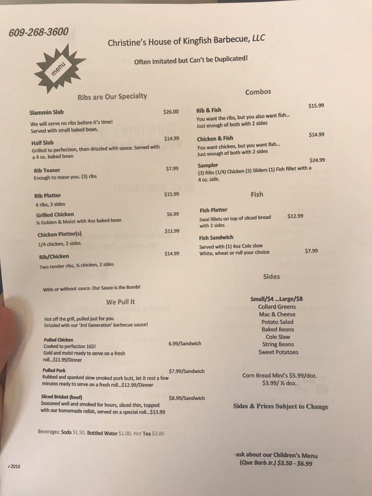 Menu at Christine’s House of Kingfish Barbecue, Shamong