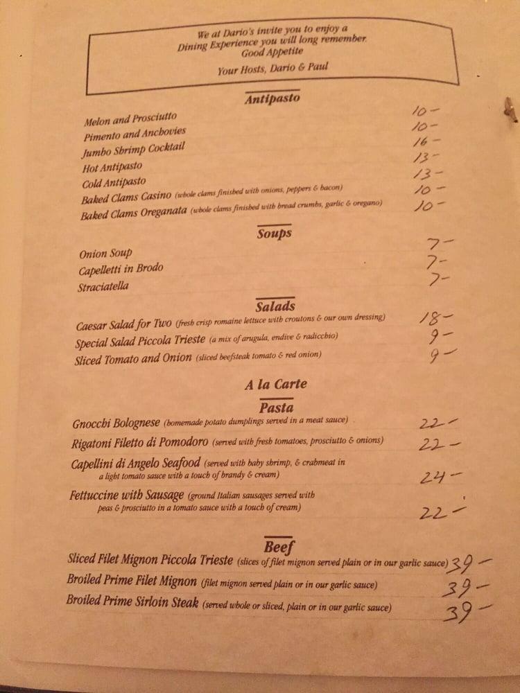 Menu at Dario's restaurant, Rockville Centre