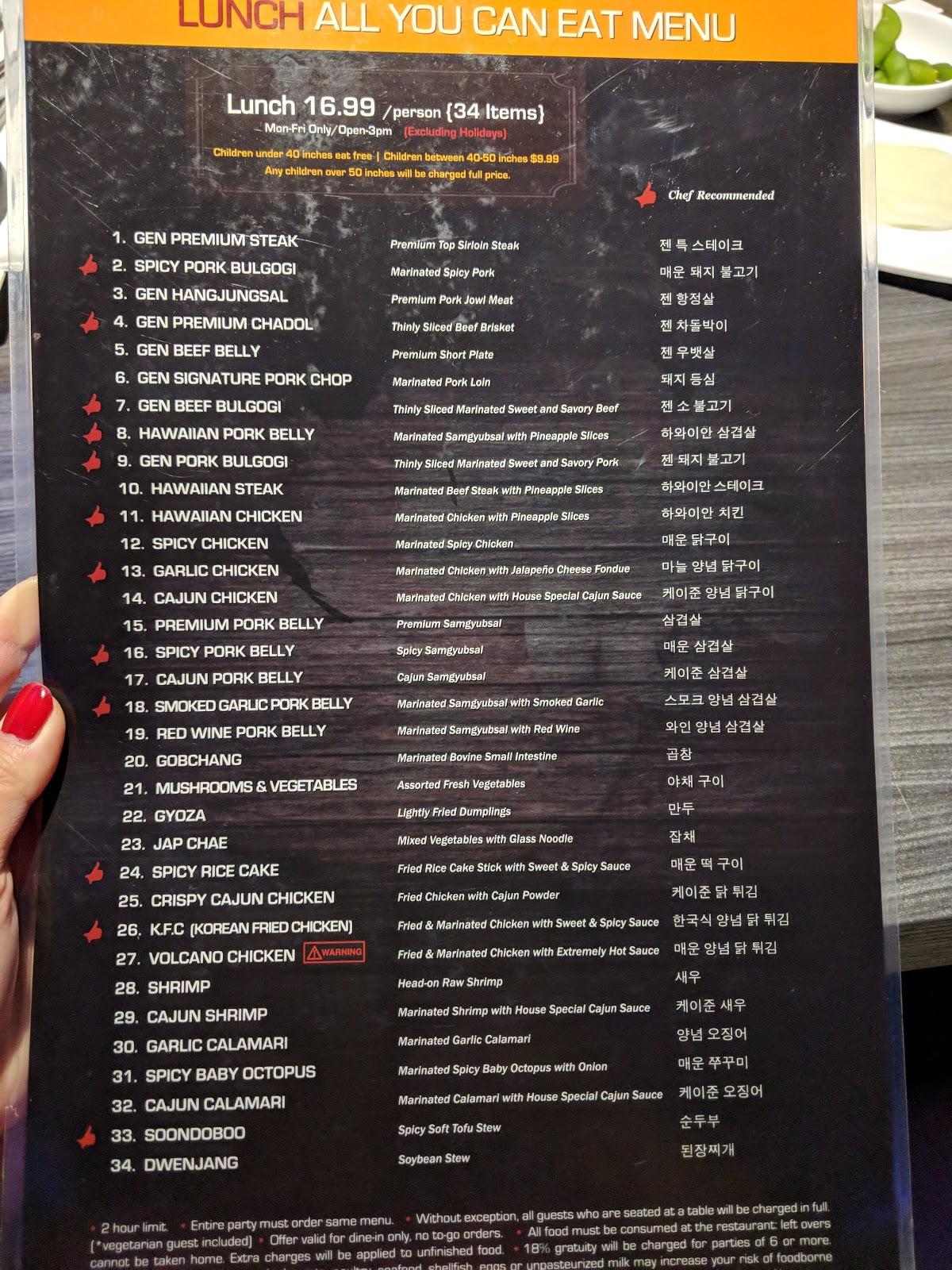 Carta de Gen Korean BBQ House, Fullerton