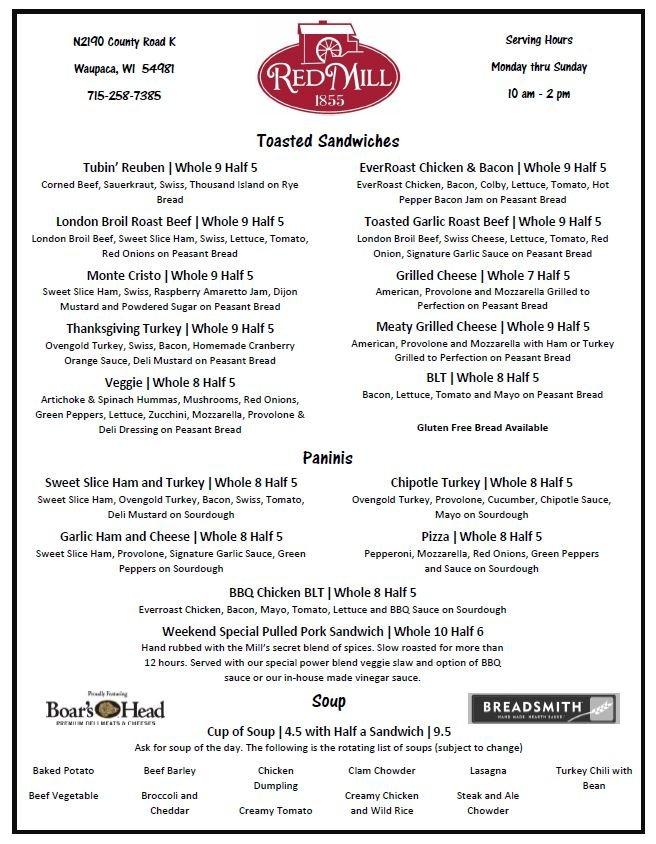 Menu at The Red Mill cafe, Waupaca