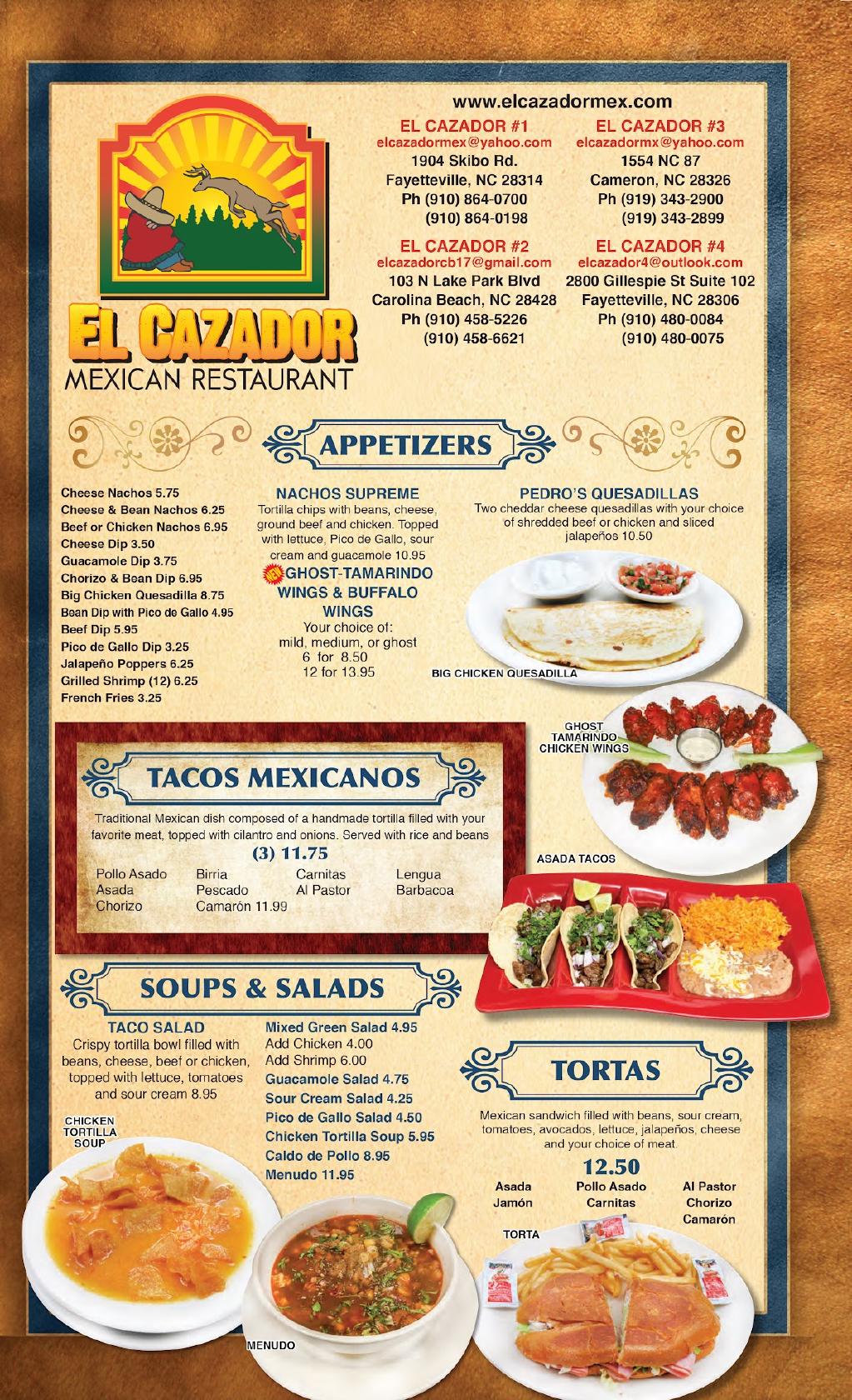 Menu at El Cazador Mexican Restaurant, Fayetteville, Skibo Rd