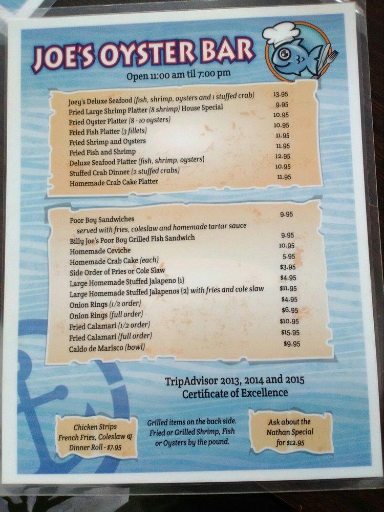 Menu at Joe's Oyster Bar, Port Isabel