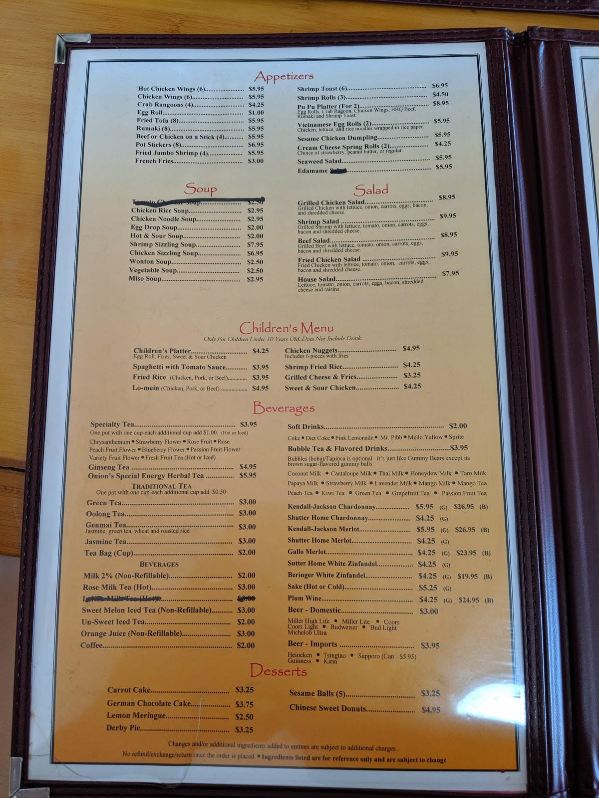 Menu at Onion Restaurant & Tea House, New Albany