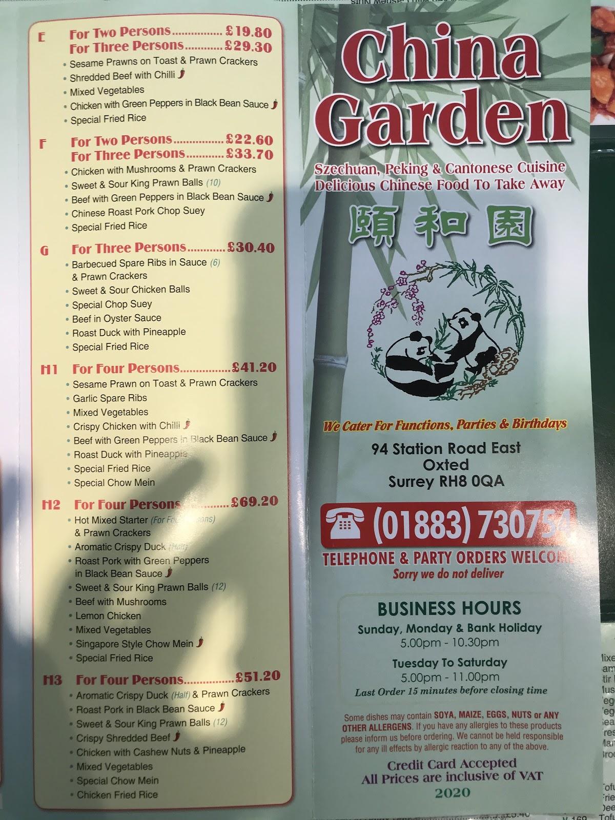 Menu at China Garden fast food, Oxted