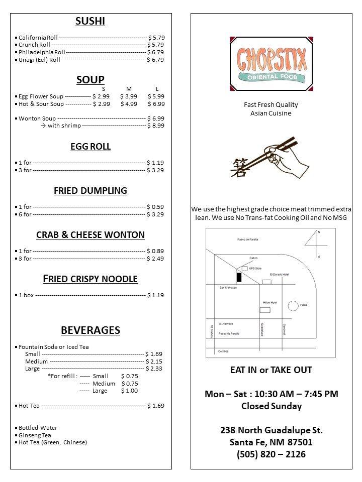 Menu at Chopstix Oriental Food To Go restaurant, Santa Fe