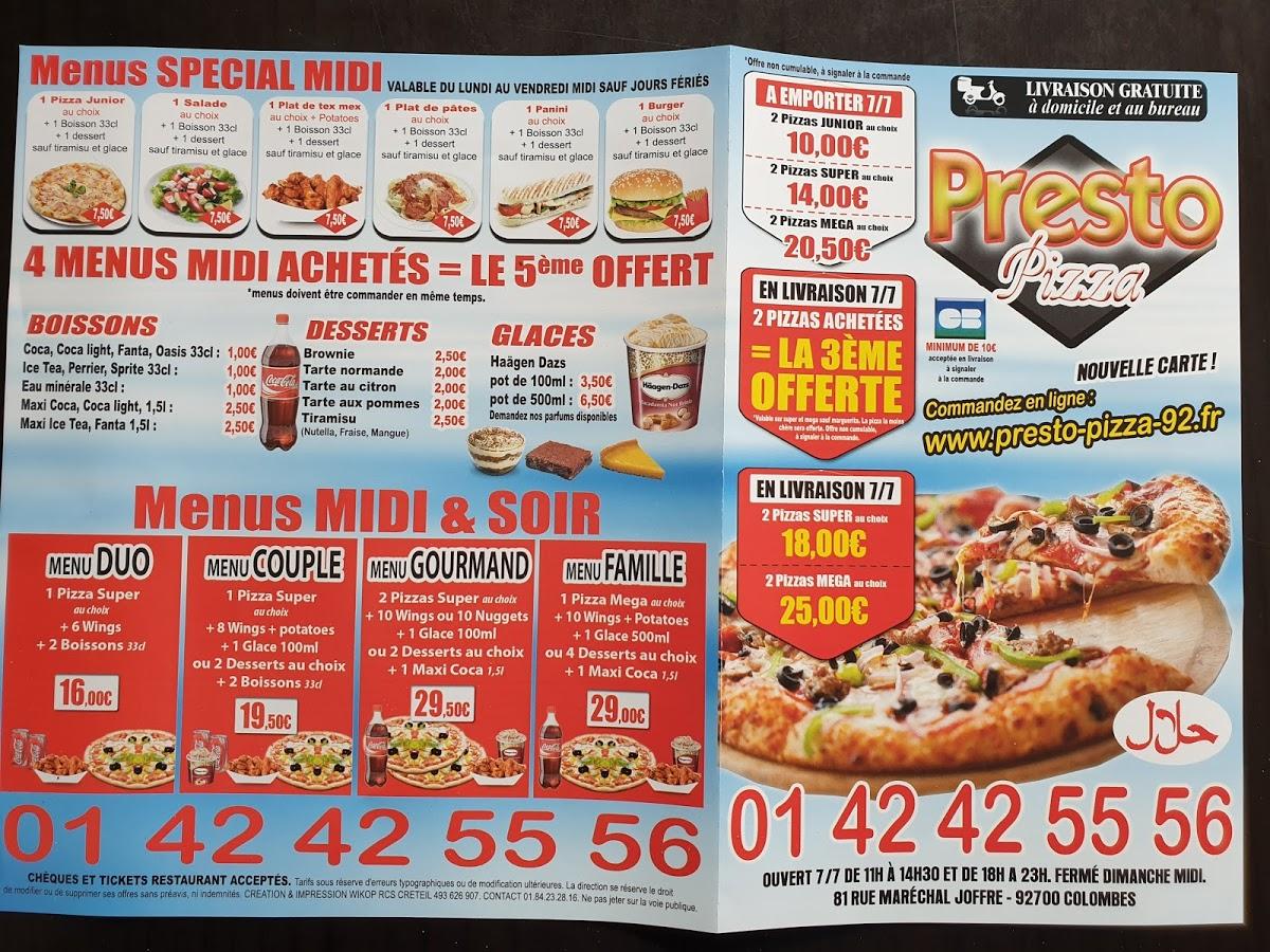 Menu de Pizza Presto