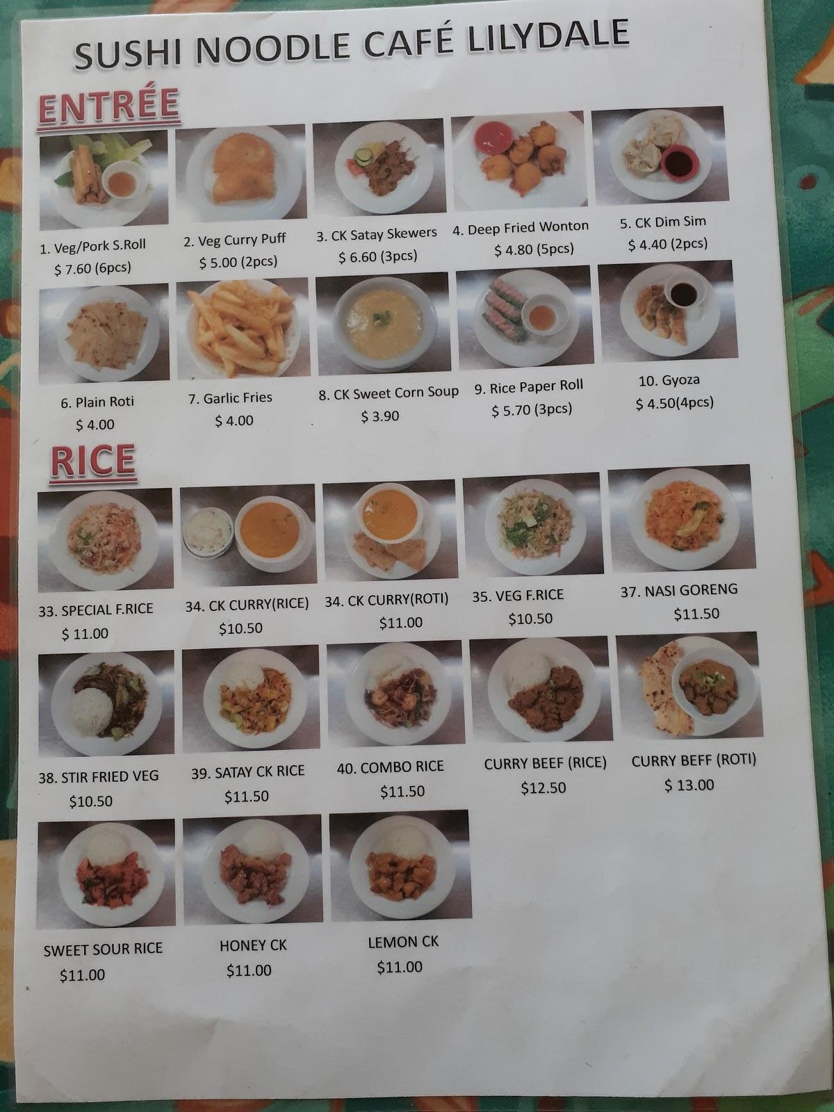 Menu at Sushi Noodle Cafe, Lilydale
