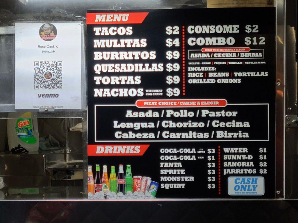 Menu at Tacos y Birria Bigotes restaurant, Fullerton
