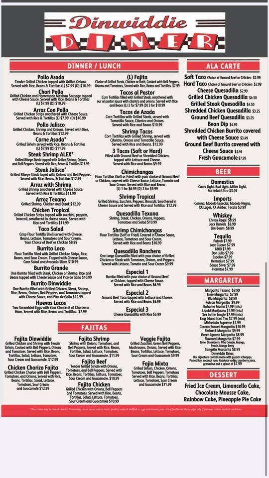 Menu at Dinwiddie Diner/Mexican Restaurant, Dinwiddie