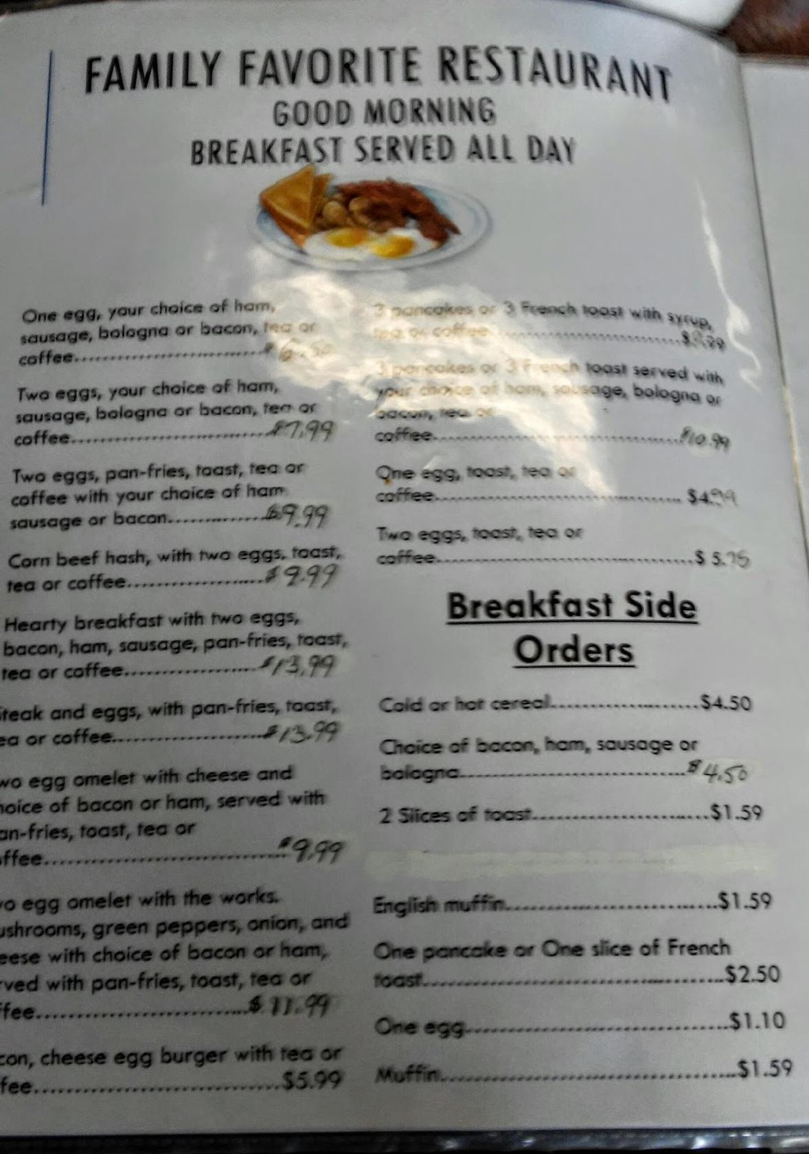 Menu at Family Favourite Restaurant, Petitcodiac
