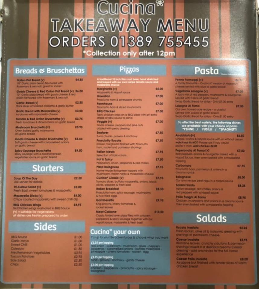 Menu at Cucina restaurant, Balloch