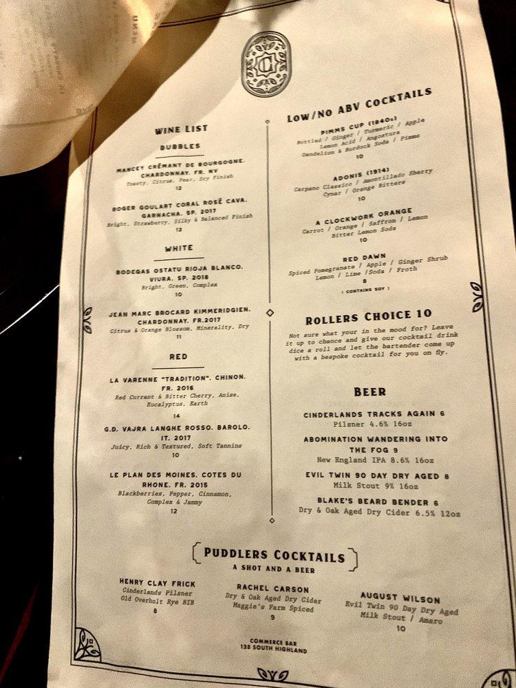 Menu at Commerce Bar, Pittsburgh