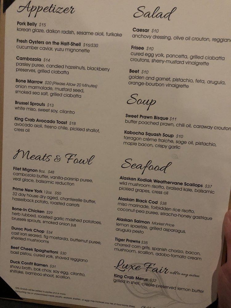 Menu at Altura Bistro steakhouse, Anchorage