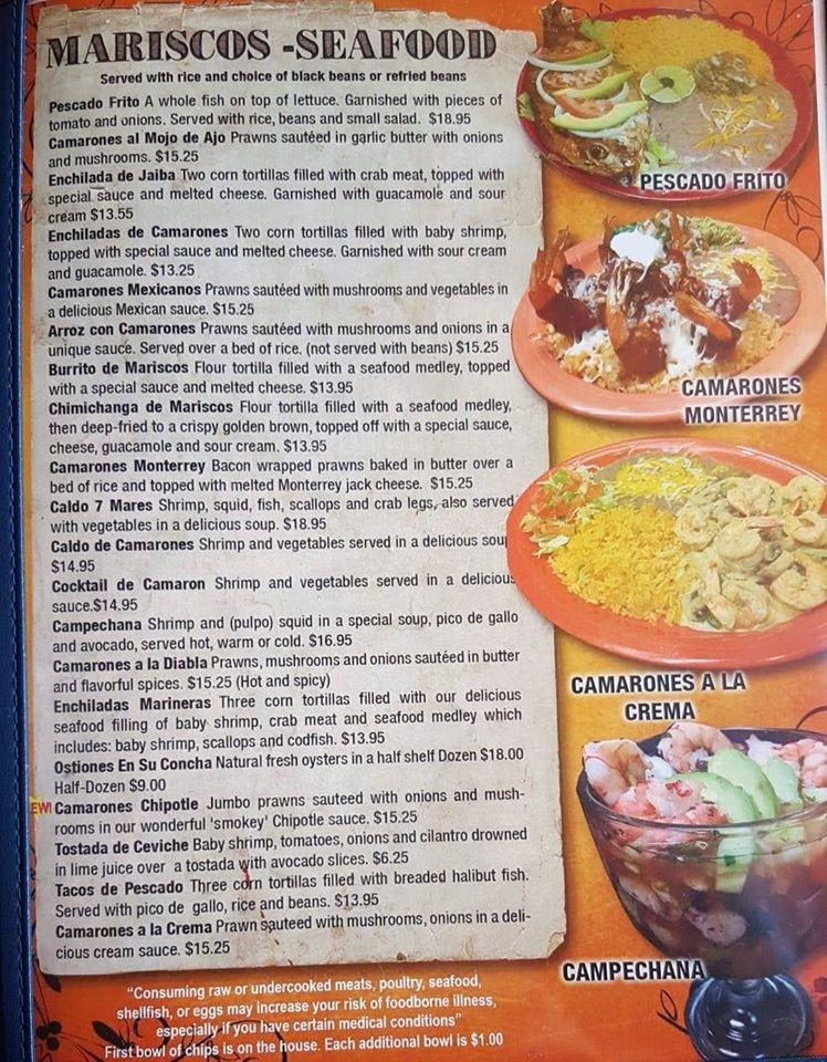 Menu at El Tapatio restaurant, Coquille