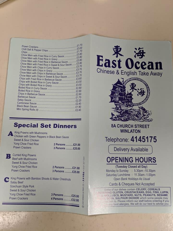 Menu at East Ocean take away restaurant, Winlaton