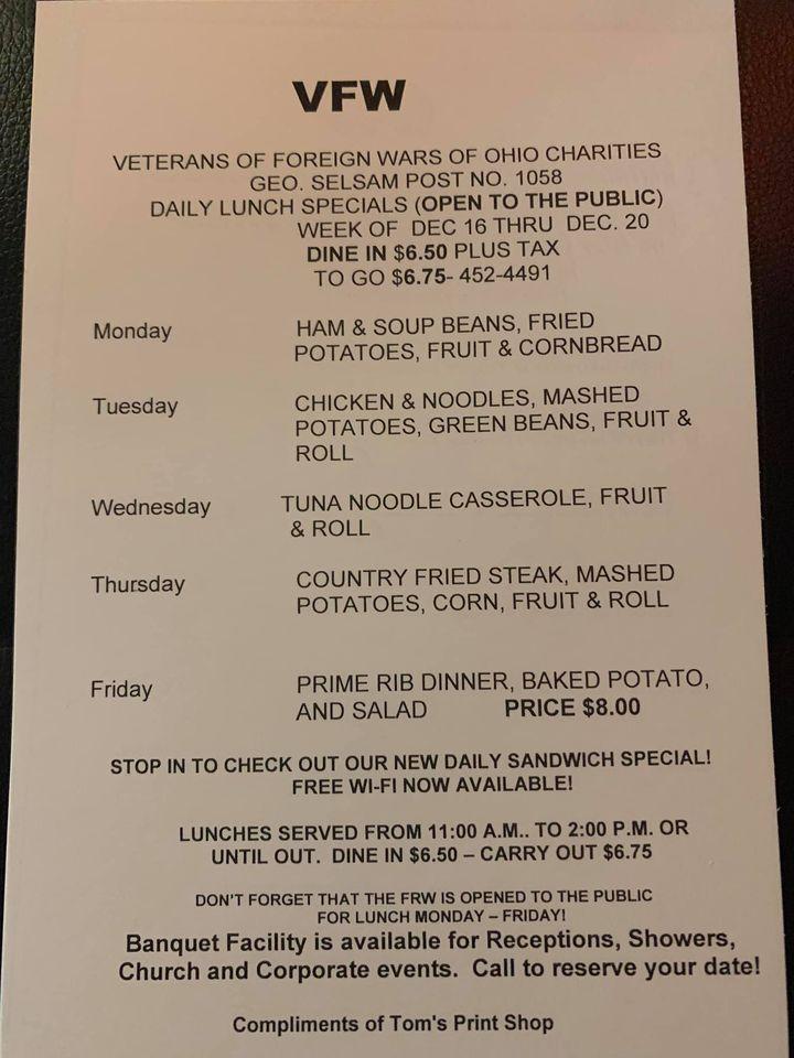 Menu at VFW Post 1058 pub & bar, Zanesville